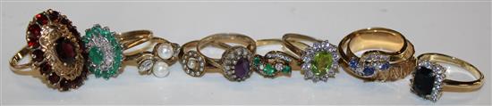 Nine 9ct gold gem set rings & another